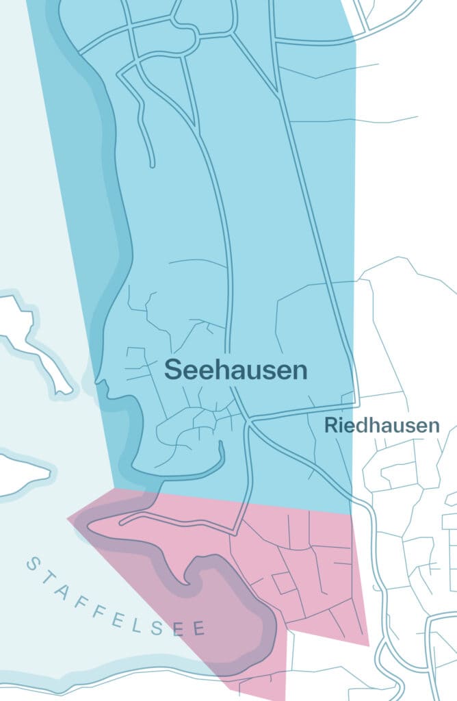 Karte Seehausen am Staffelsee, symbolhafte Darstellung der Region Nord und Süd des Glasfaserausbaus durch AVACOMM Systems