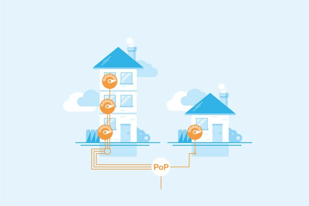 Illustration des Glasfaser-Ausbaus im Achental – FTTH-Technologie (Fiber to the Home) von AVACOMM für maximale Geschwindigkeit in jedem Stockwerk.