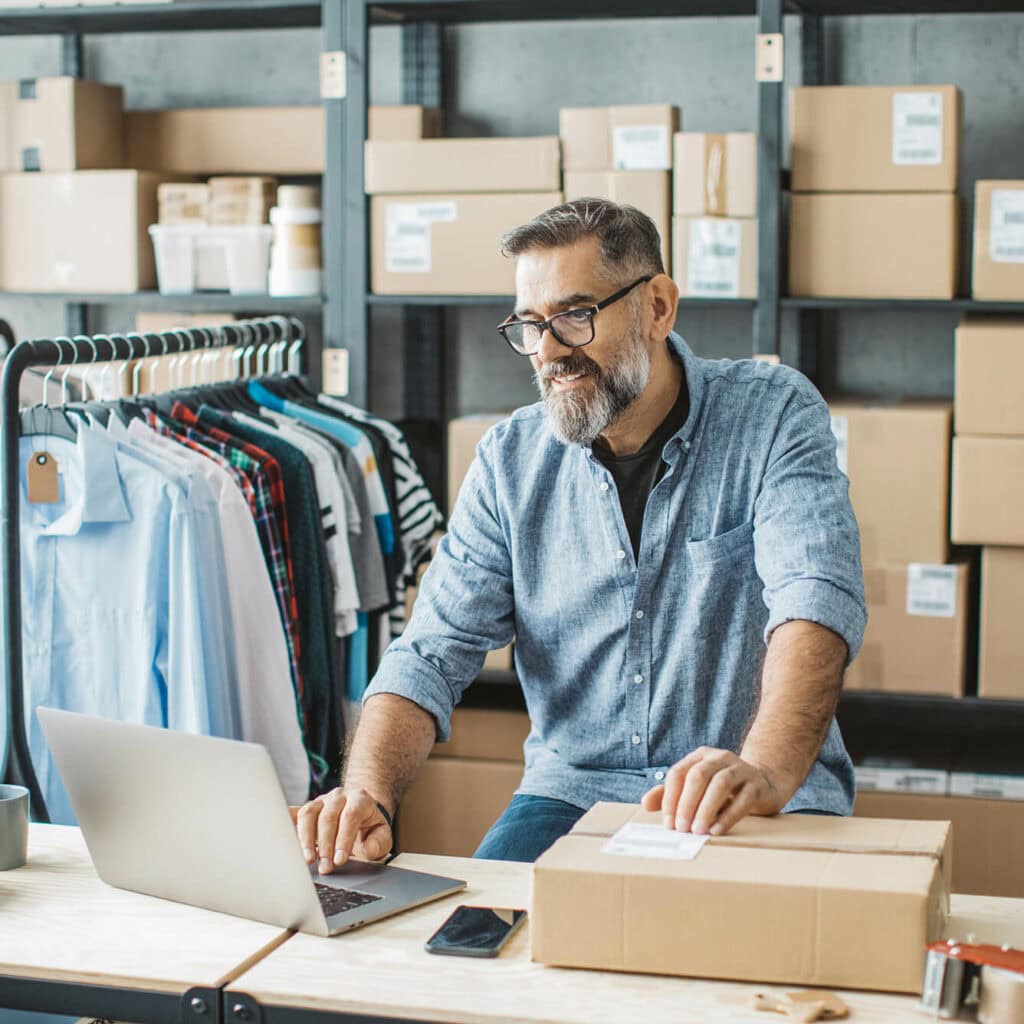 Mann im Onlineshop – leistungsstarke Glasfaser-Business-Tarife für zuverlässiges Internet im Arbeitsalltag