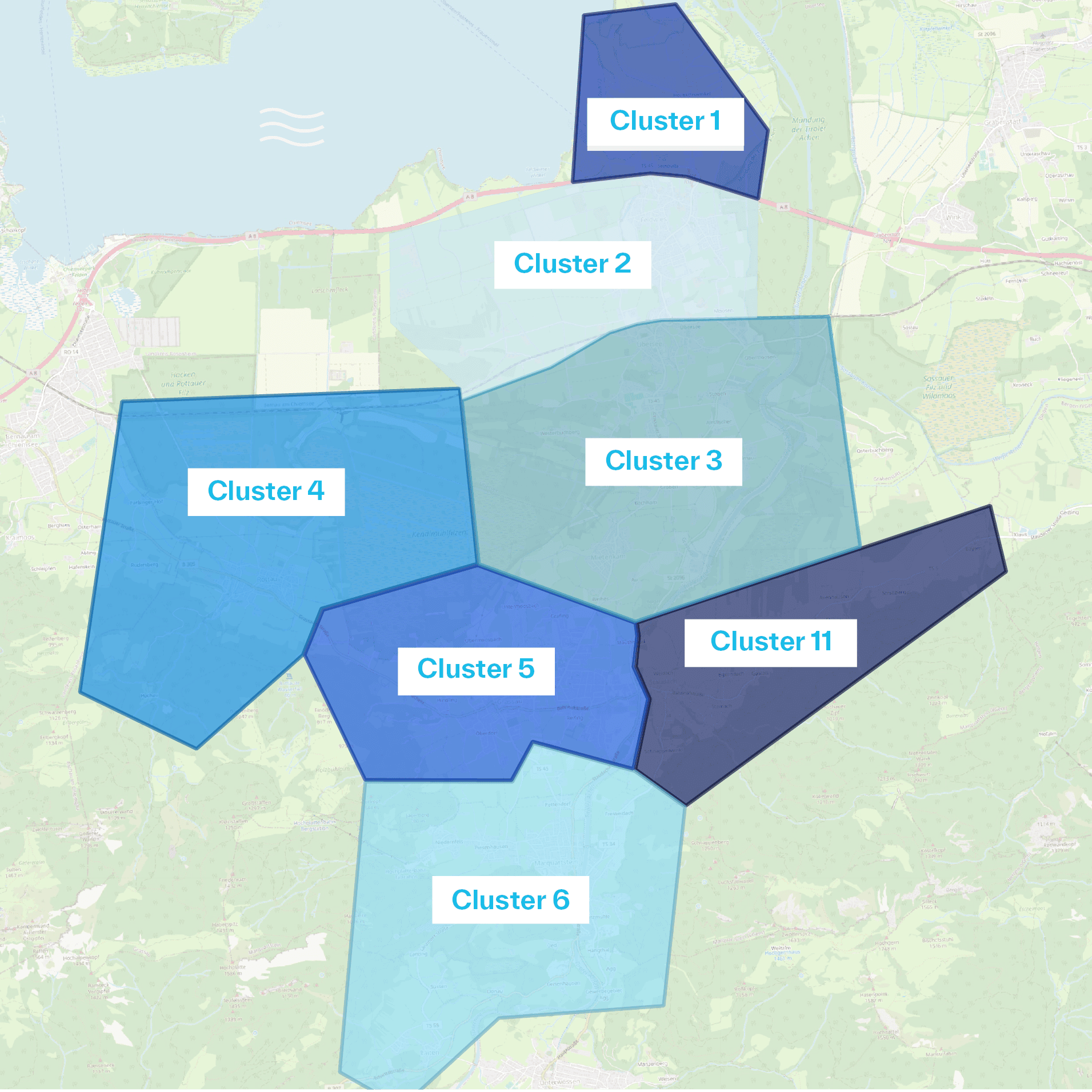 Glasfaserausbau Achental, Karte in Clustern und Ausbaustatus für 2026 gegliedert.